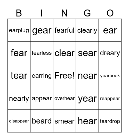 EAR words Bingo Card