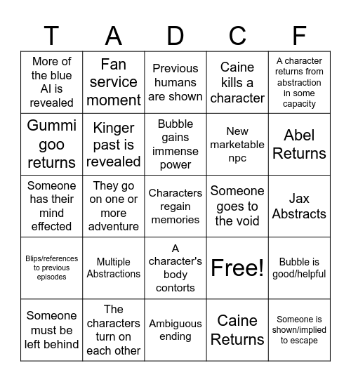 TADC Finale Bingo Card