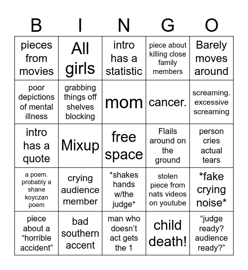 Dramatic Interp Bingo Card