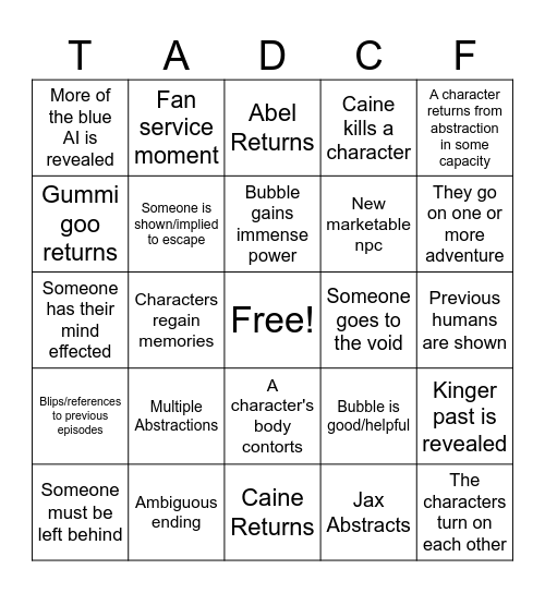 TADC Finale Bingo Card