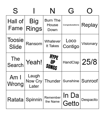 Hype Up Songs (sports) - Singo - 50 songs Bingo Card