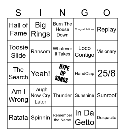 Hype Up Songs (sports) - Singo - 50 songs Bingo Card