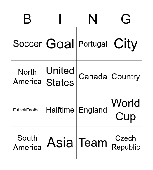 Soccer/Geography Bingo Card