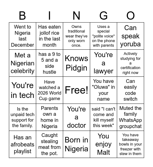 Nigerian Human Bingo Card