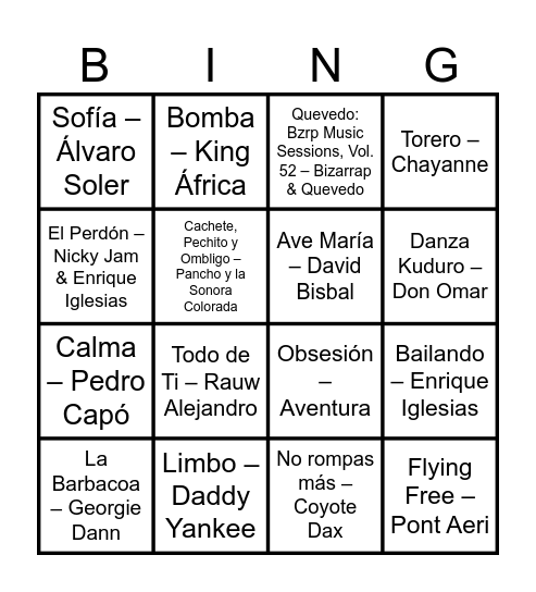 Bingo Musical Bingo Card