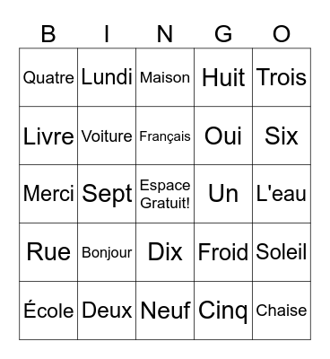 French Bingo Card