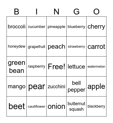 Healthy Foods Bingo Card