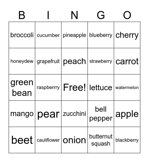 Healthy Foods Bingo Card