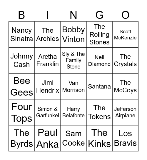 Flamingo Bingo Card #225 (1960's Hits) Bingo Card