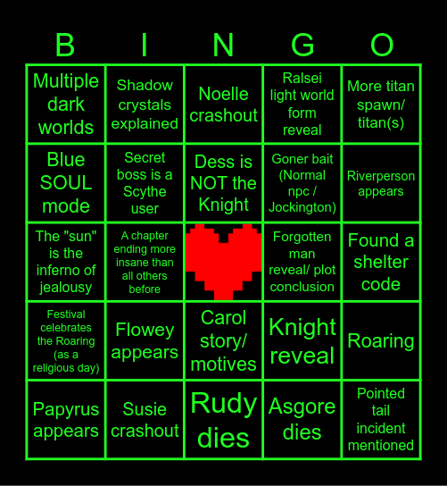 Deltarune chapter 5 Bingo Card
