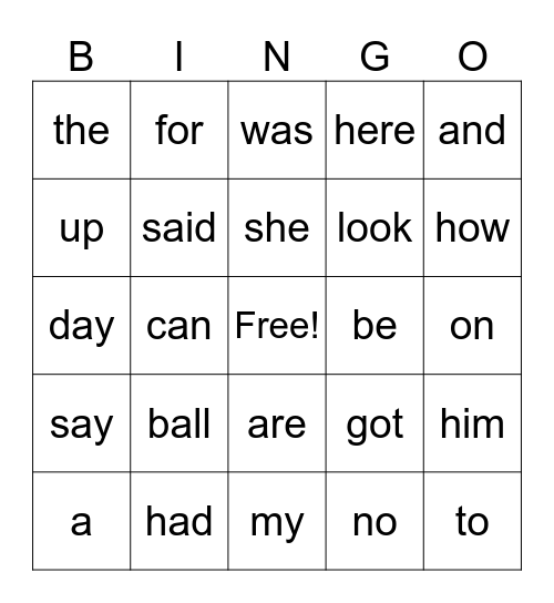 Snap Word Bingo Card