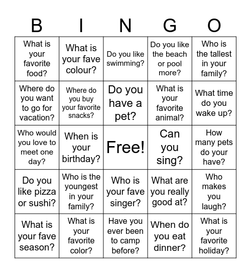 All About Me BINGO Card