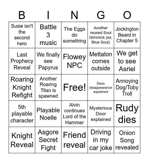 Deltarune Chapter 5 Predictions Bingo Card