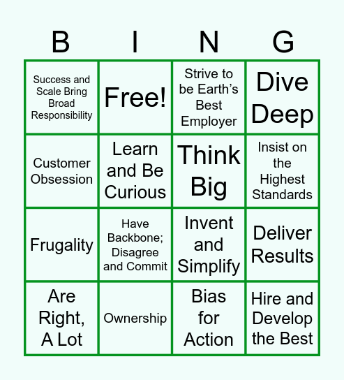 AMZN Leadership Principles Bingo Card