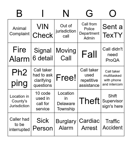 Observation Bingo Card