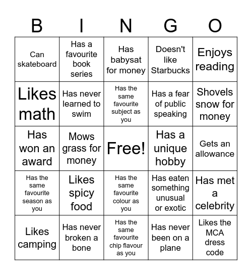 No Cap Bingo Card