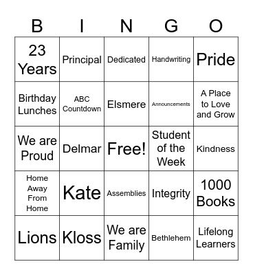 Kate Kloss Bingo Card
