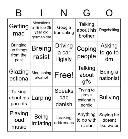 Gregor Bingo Card