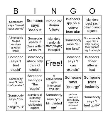 Between Sisters Love Island Bingo Card