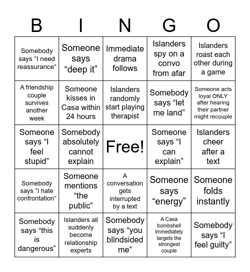 Between Sisters Love Island Bingo Card
