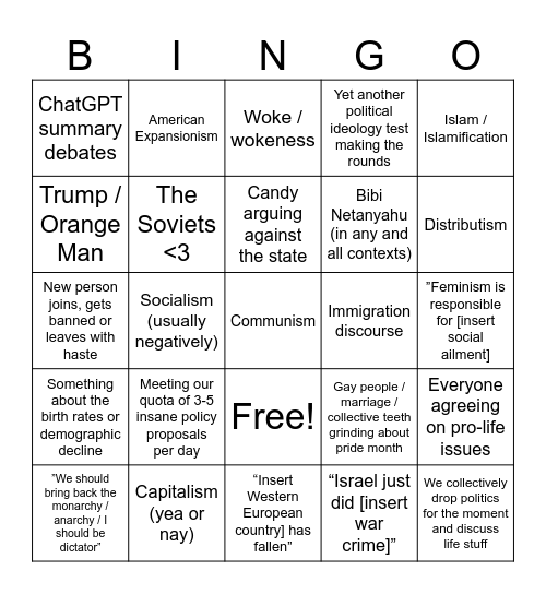 “I wonder what world news and politics is talking about?” Bingo Card
