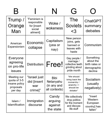 “Gee, I wonder what world news and politics is talking about?” Bingo Card