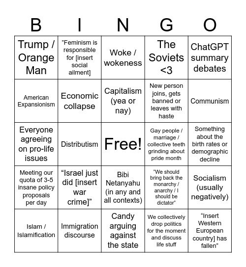“Gee, I wonder what world news and politics is talking about?” Bingo Card