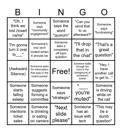 Zoom Meeting BINGO Card