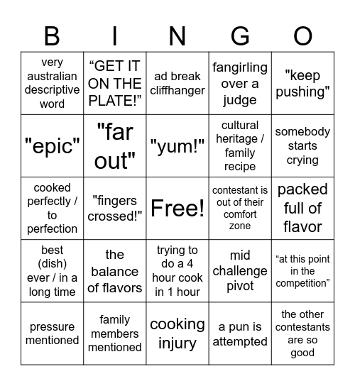 Masterchef Australia 2026 Bingo Card