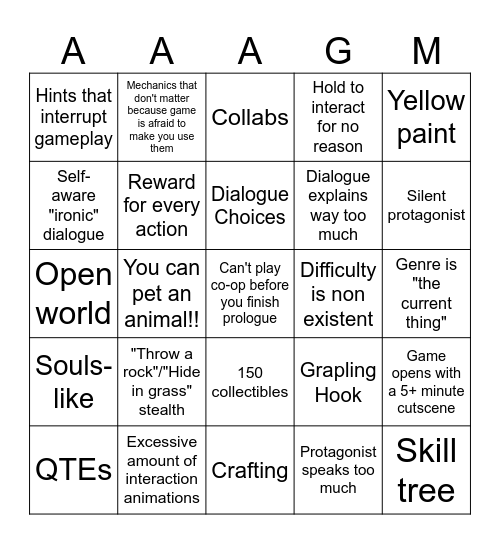 AAA Game Mechanics Bingo Card