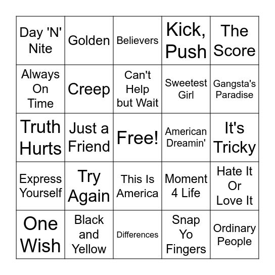 R1 & R2 "Hip Hop & RnB" Bingo Card