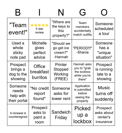 Leasing Bingo Card