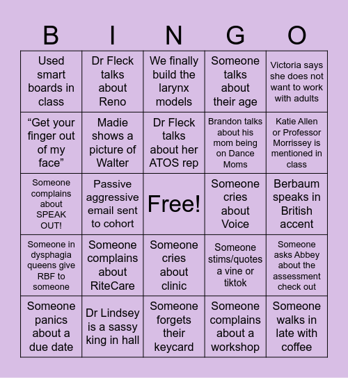 Dysphagia Queens Bingo Card