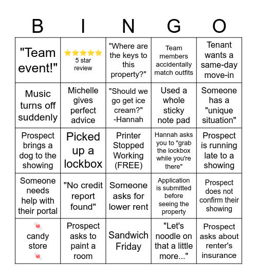 Leasing Bingo Card