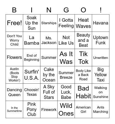 Summer Hits Bingo Card
