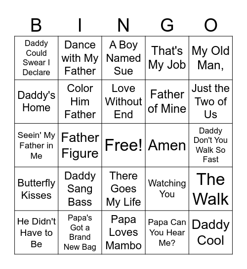 Dancin with Dad Bingo Card