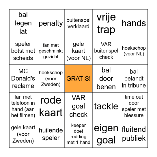 Nederland - Zweden Bingo Card