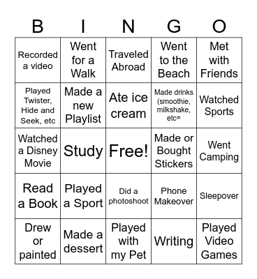 Summer Break Bingo Card