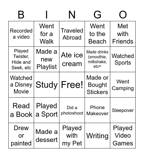 Summer Break Bingo Card