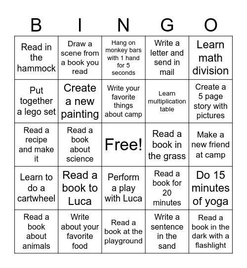 Adrien's 2026 Summer Challenges Bingo Card