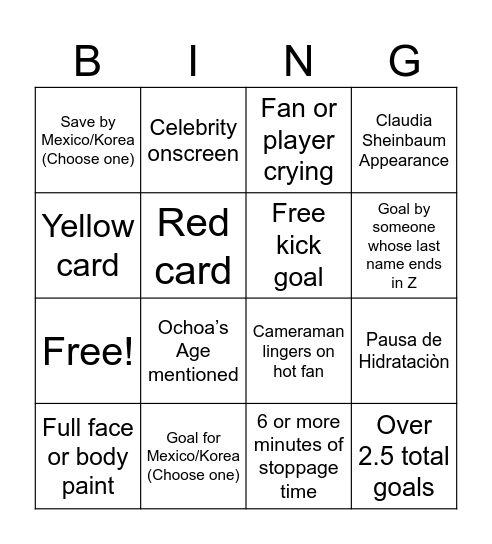 Mexico - Korea Bingo Card