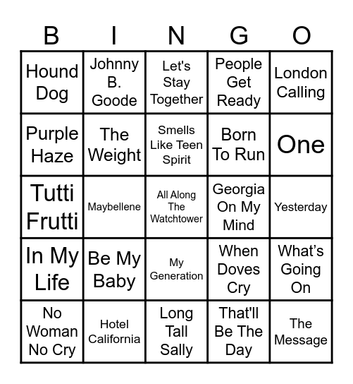 Vol.1 Greatest Songs of All Time Bingo Card