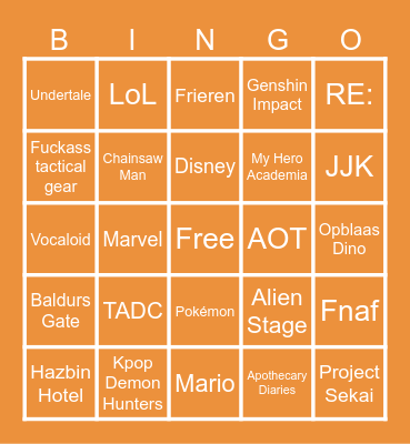 Cosplay Bingo Card