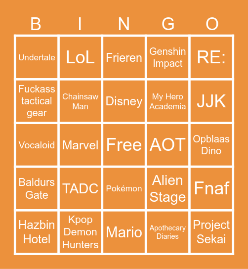 Cosplay Bingo Card