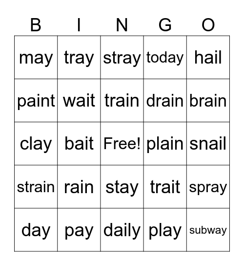 Vowel Team ai and ay Bingo Card