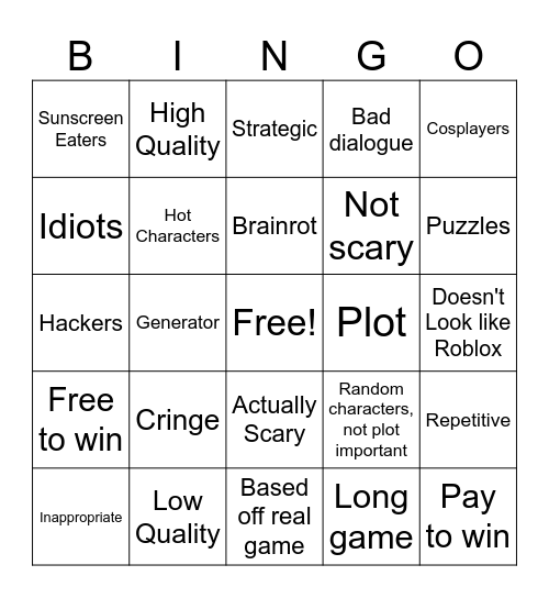 Roblox Bingo Card