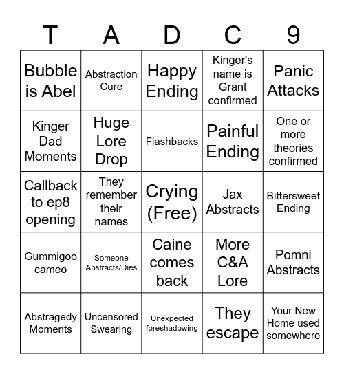 TADC Finale Bingo Card