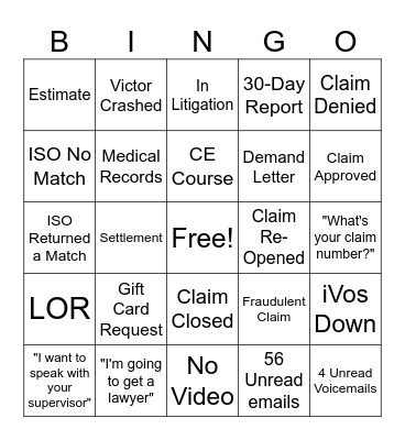 Claims Bingo Card