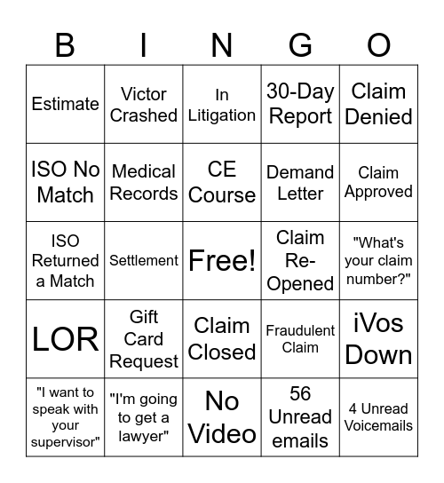 Claims Bingo Card