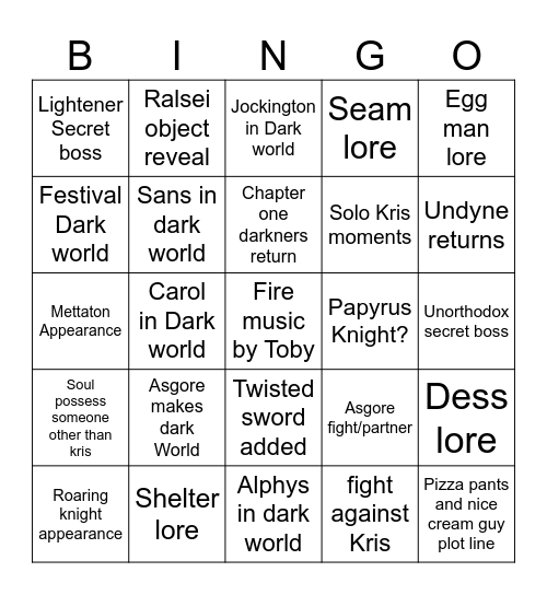 Deltarune Bingo Card